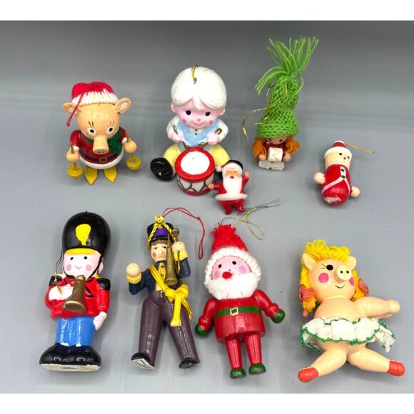Vtg Wood Ceramic Christmas Ornaments 9 Pc Taiwan Soldiers Santa Drummer Boy - Picture 1 of 5